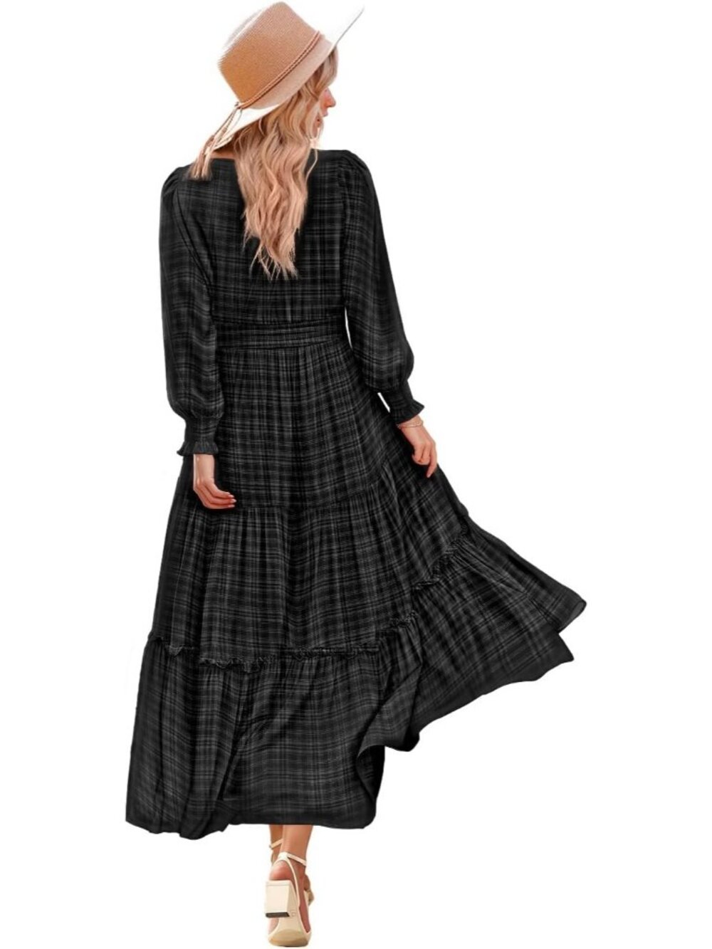 Women's Black Long Sleeve Round Neck Smocked Waist Side Pockets Maxi Dress